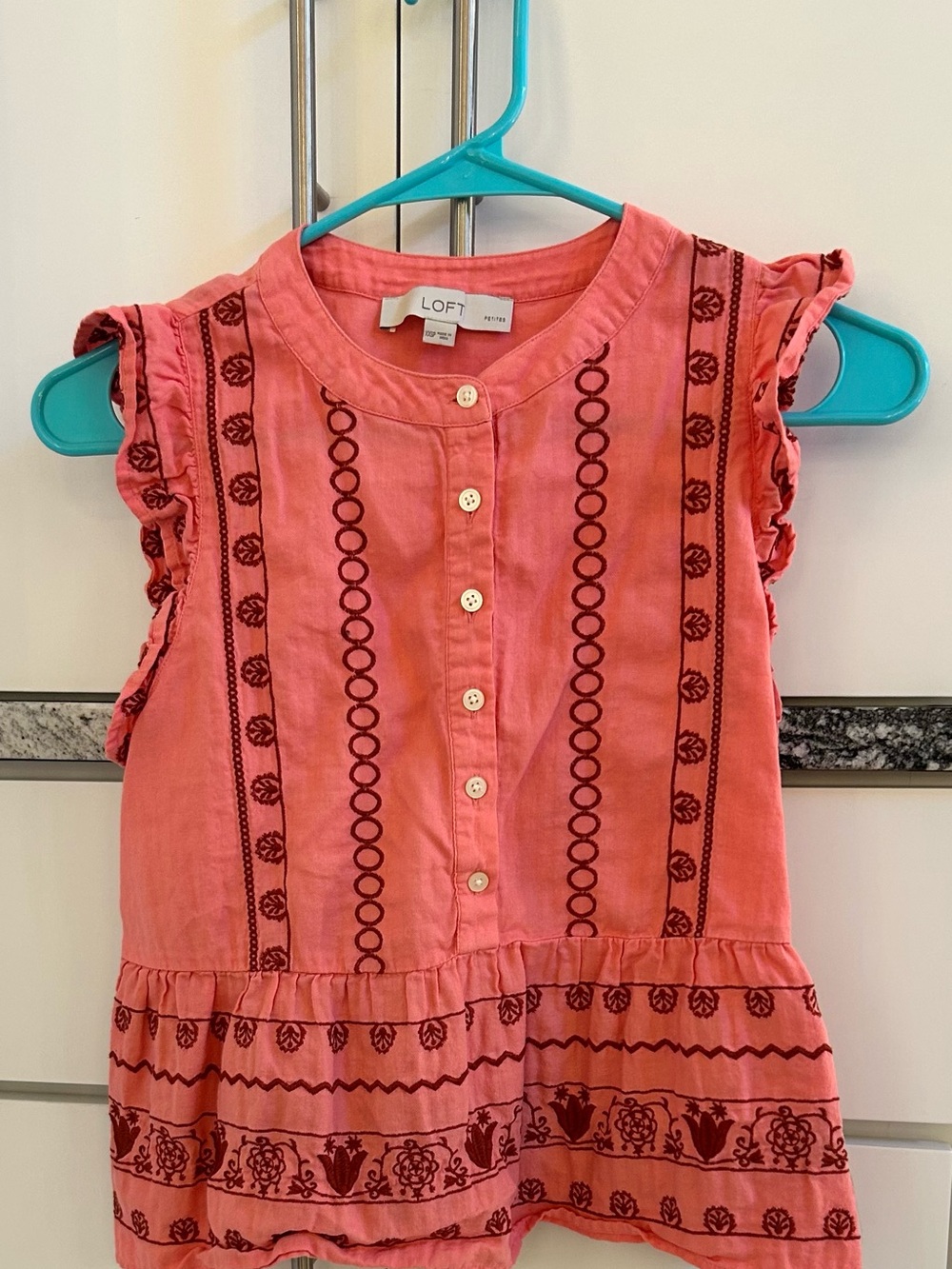 LOFT Terracotta Sleeveless Embroidered Button-Front Top